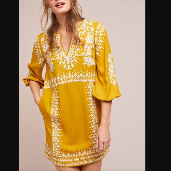 Anthropologie  Akemi + Kin Embroidered Tunic Dress 6 Petite Yellow Boho Coverup - Picture 1 of 10